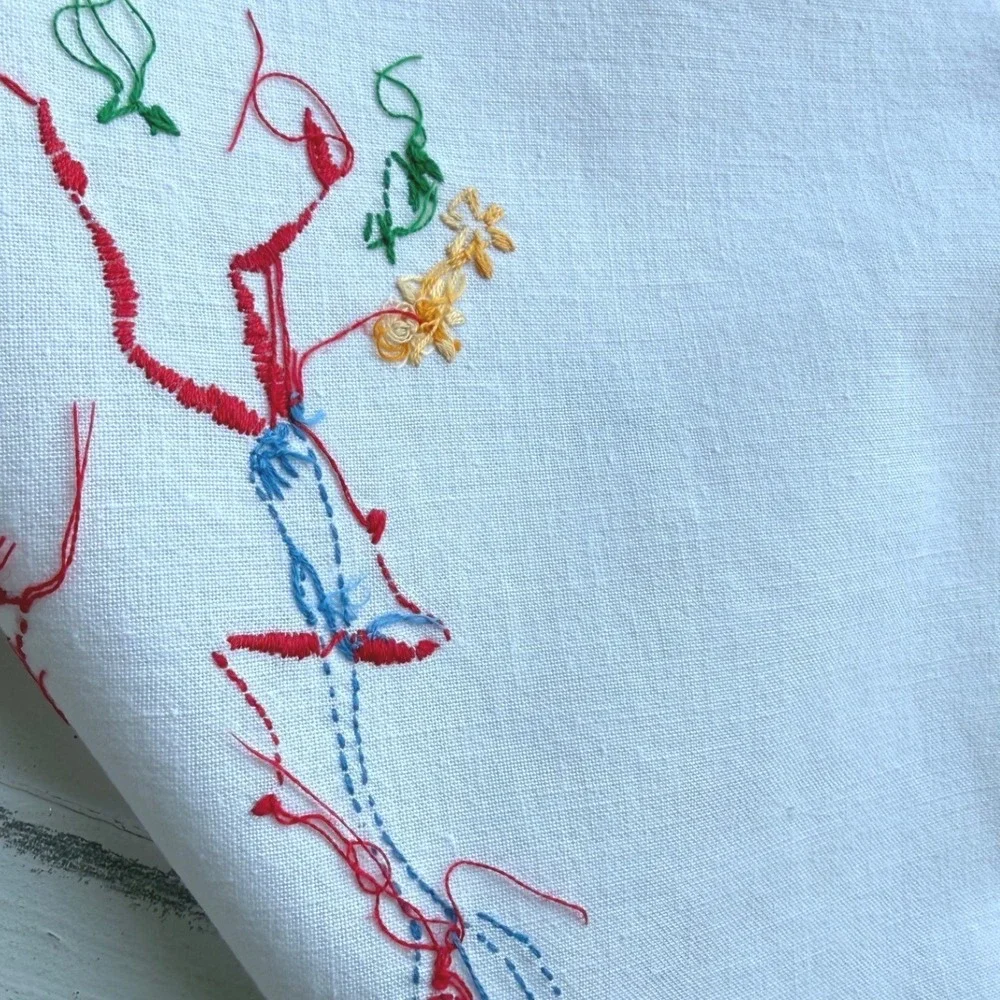 Vintage Embroidered Table Runner White Linen Anthropomorphic Tea Party 36x16